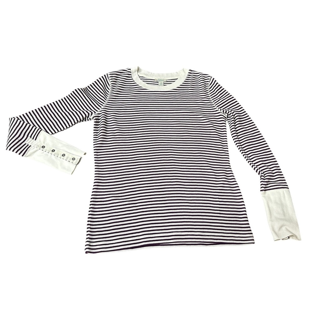 Sundance Striped Long Sleeve Thermal Shirt Women's Sz M Burgundy Cuff Detail